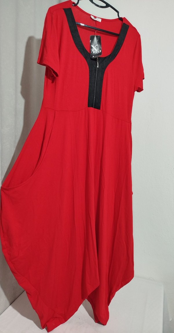 Kırmızı V Yakalı Fermuarlı Maxi Elbise - Görsel 2