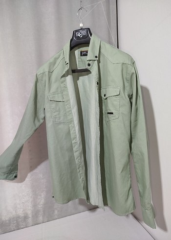 Erkek Keten Gömlek, Uzun Kollu, Düğmeli, Haki - Görsel 5