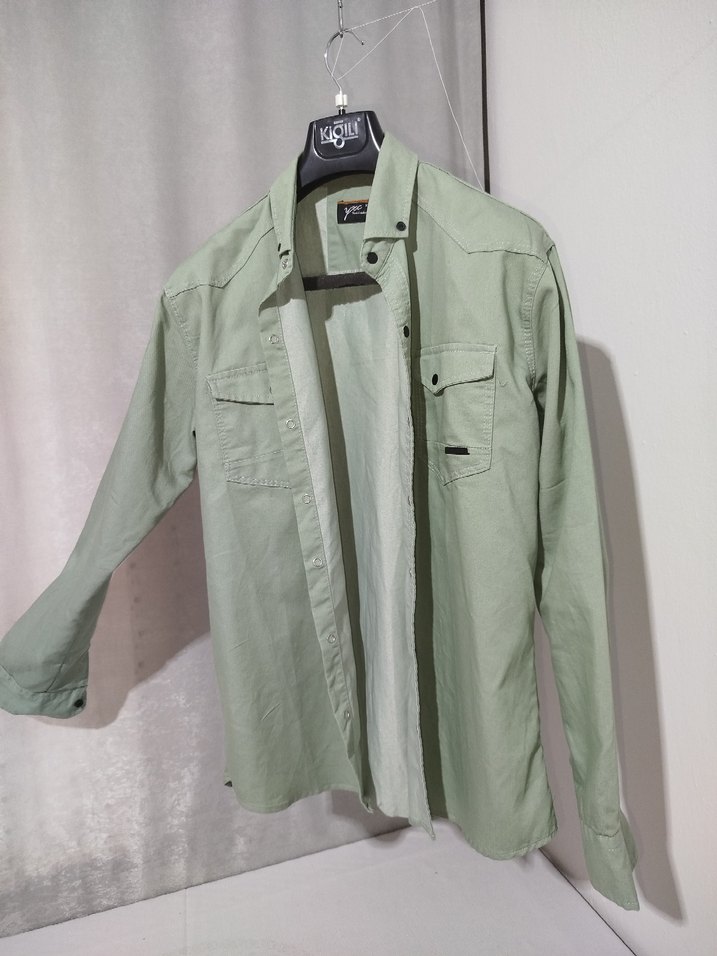 Erkek Keten Gömlek, Uzun Kollu, Düğmeli, Haki - Görsel 5