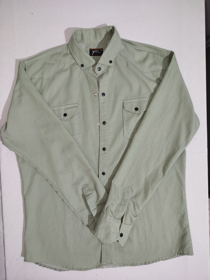 Erkek Keten Gömlek, Uzun Kollu, Düğmeli, Haki - Görsel 3