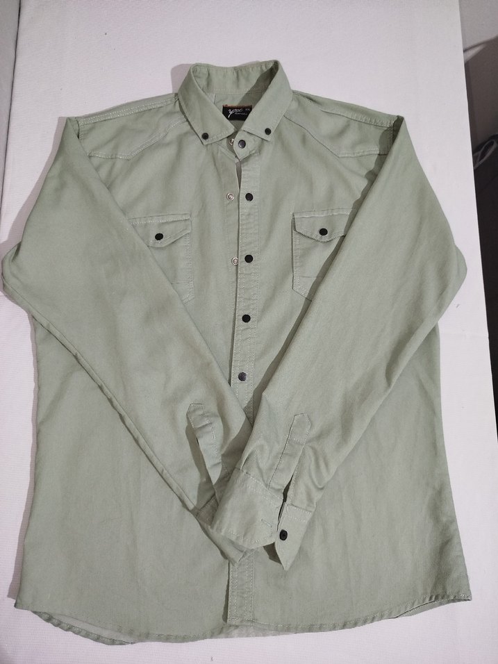 Erkek Keten Gömlek, Uzun Kollu, Düğmeli, Haki - Görsel 4