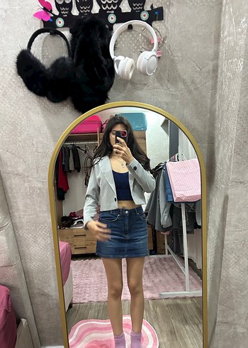 Gri Kadın Denim Ceket - Bağlama Desenli kısa blazer ceket - Görsel 3