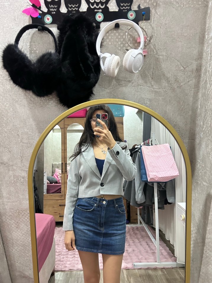 Gri Kadın Denim Ceket - Bağlama Desenli kısa blazer ceket - Görsel 2