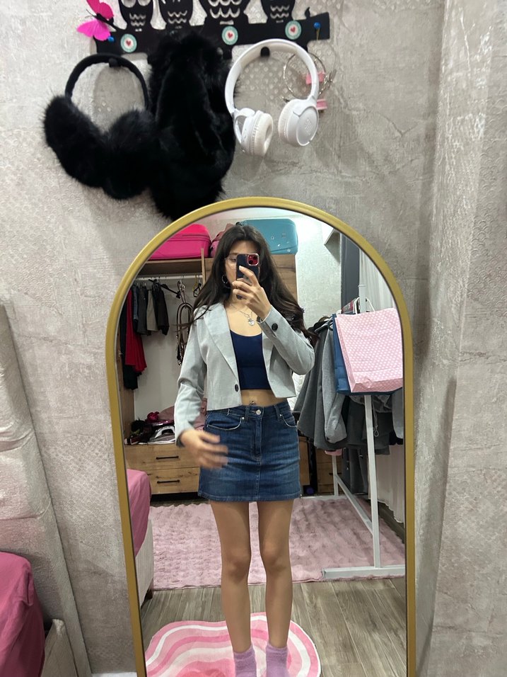 Gri Kadın Denim Ceket - Bağlama Desenli kısa blazer ceket - Görsel 3