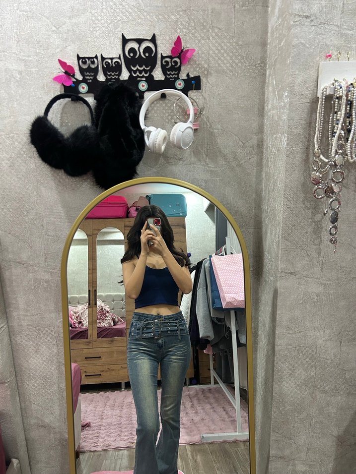 Kadın eskitme desenli kendinden kemerli likralı Denim - Görsel 2