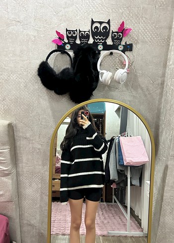 Kadın Siyah Çizgili Boğazlı Triko Kazak - Görsel 3