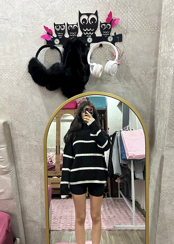 Kadın Siyah Çizgili Boğazlı Triko Kazak - Görsel 4