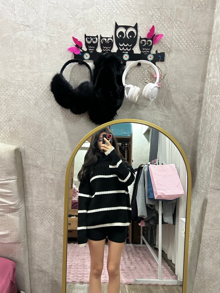 Kadın Siyah Çizgili Boğazlı Triko Kazak - Görsel 3