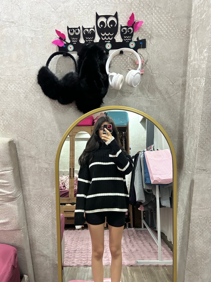 Kadın Siyah Çizgili Boğazlı Triko Kazak - Görsel 4