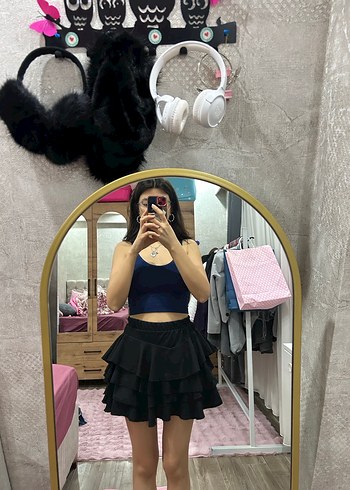 Siyah Fırfırlı Mini Denim Etek - Görsel 3