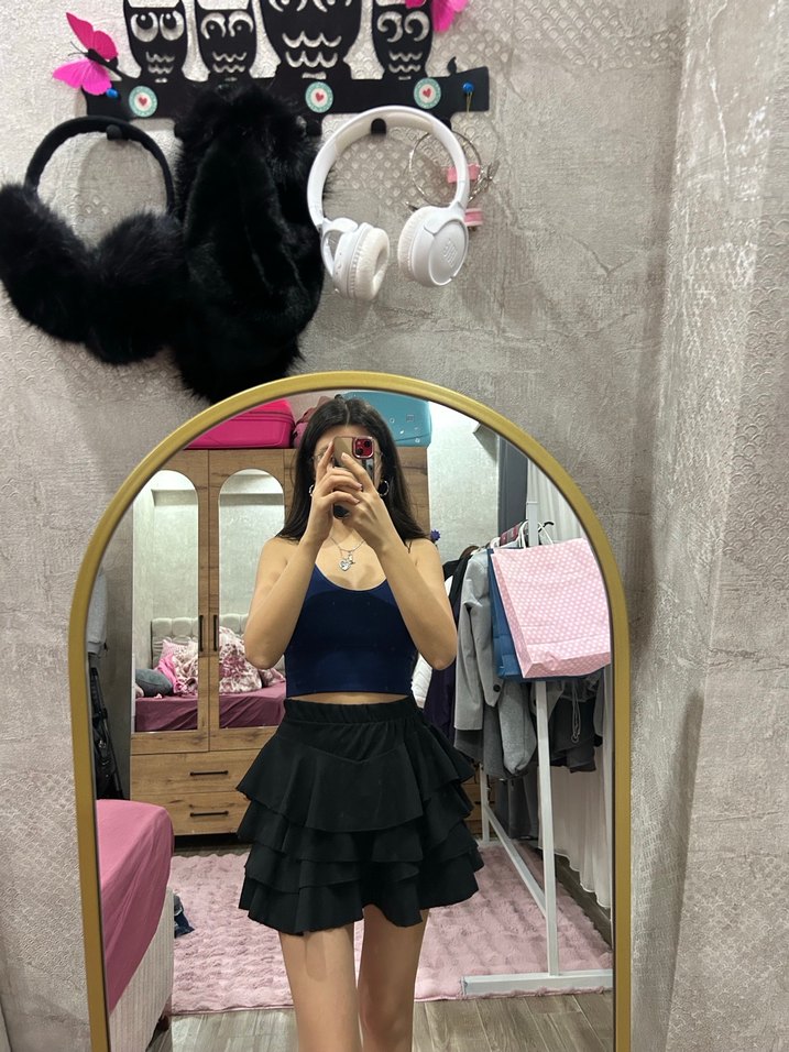 Siyah Fırfırlı Mini Denim Etek - Görsel 2