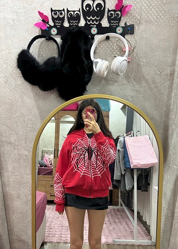 Köstebek Kırmızı Midi örümcek adam baskılı kapüşonlu hırka - Görsel 3