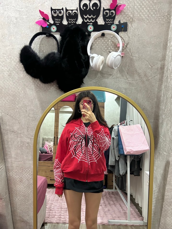 Köstebek Kırmızı Midi örümcek adam baskılı kapüşonlu hırka - Görsel 3