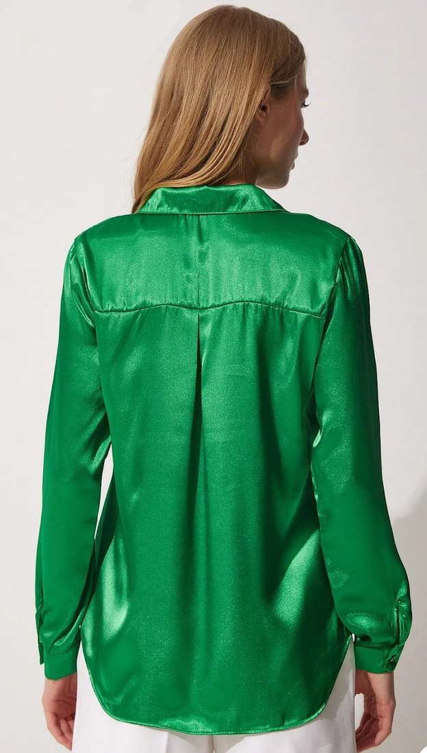  Şık ve Dökümlü Saten Yeşil Gömlek  - Görsel 2