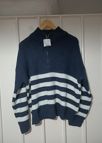 Yarım Fermuarlı Lacivert Çizgili Kadın Kazak - Görsel 9