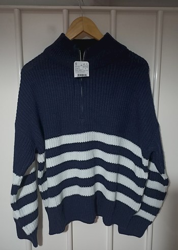 Yarım Fermuarlı Lacivert Çizgili Kadın Kazak - Görsel 2