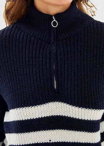 Yarım Fermuarlı Lacivert Çizgili Kadın Kazak - Görsel 5