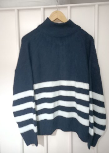 Yarım Fermuarlı Lacivert Çizgili Kadın Kazak - Görsel 8