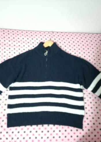 Yarım Fermuarlı Lacivert Çizgili Kadın Kazak - Görsel 6