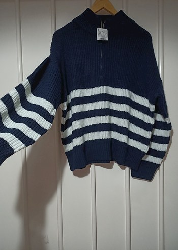 Yarım Fermuarlı Lacivert Çizgili Kadın Kazak - Görsel 4