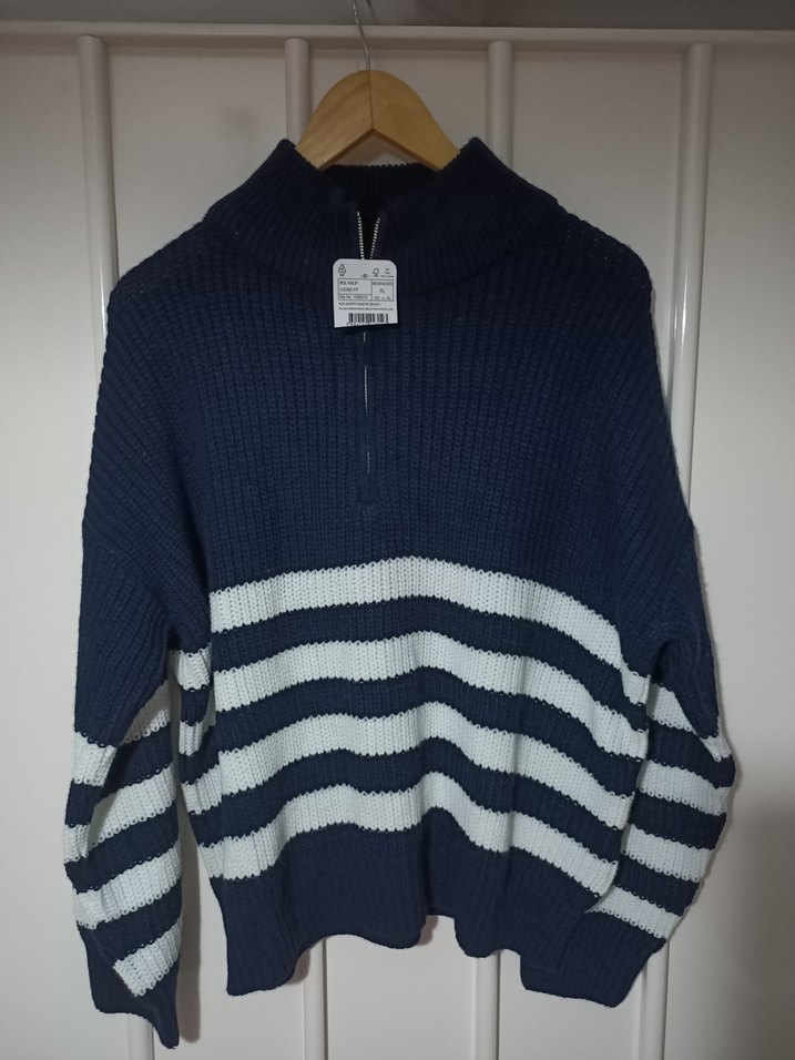 Yarım Fermuarlı Lacivert Çizgili Kadın Kazak - Görsel 2