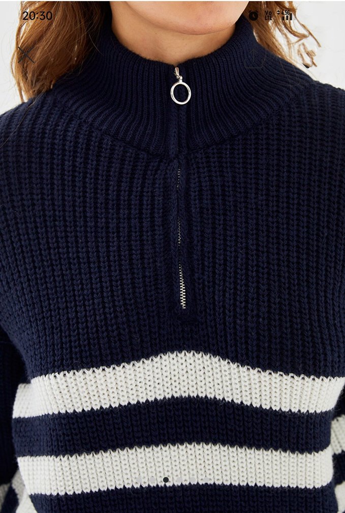 Yarım Fermuarlı Lacivert Çizgili Kadın Kazak - Görsel 5