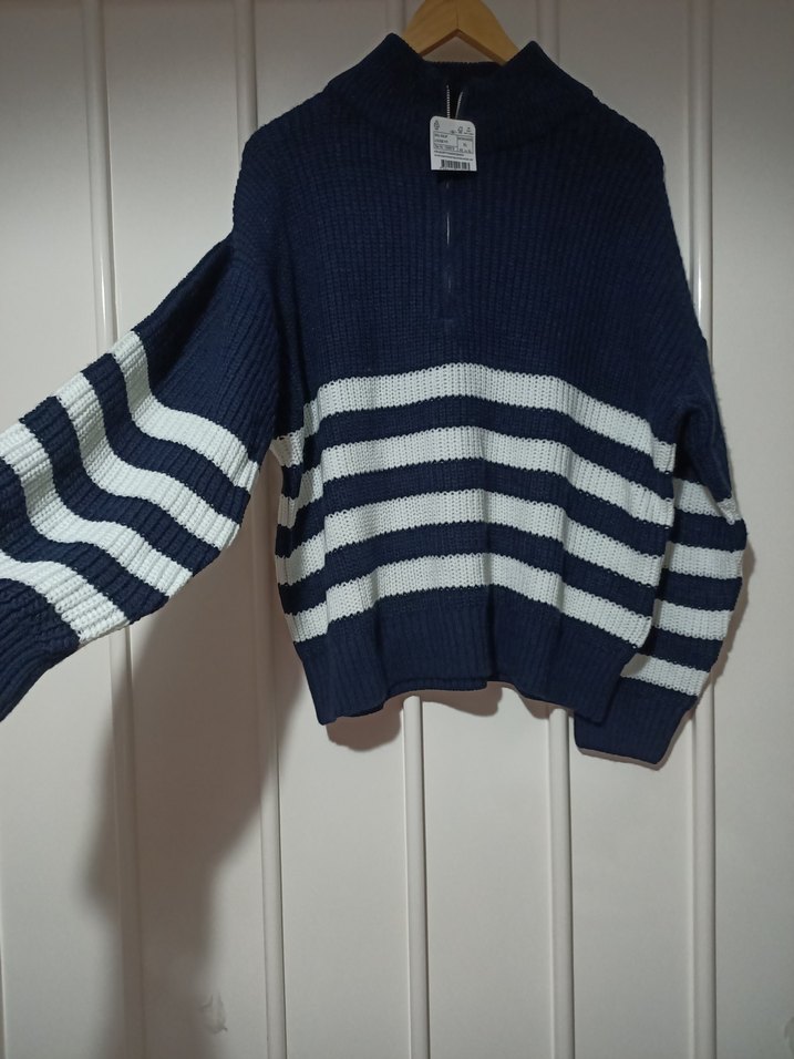 Yarım Fermuarlı Lacivert Çizgili Kadın Kazak - Görsel 4