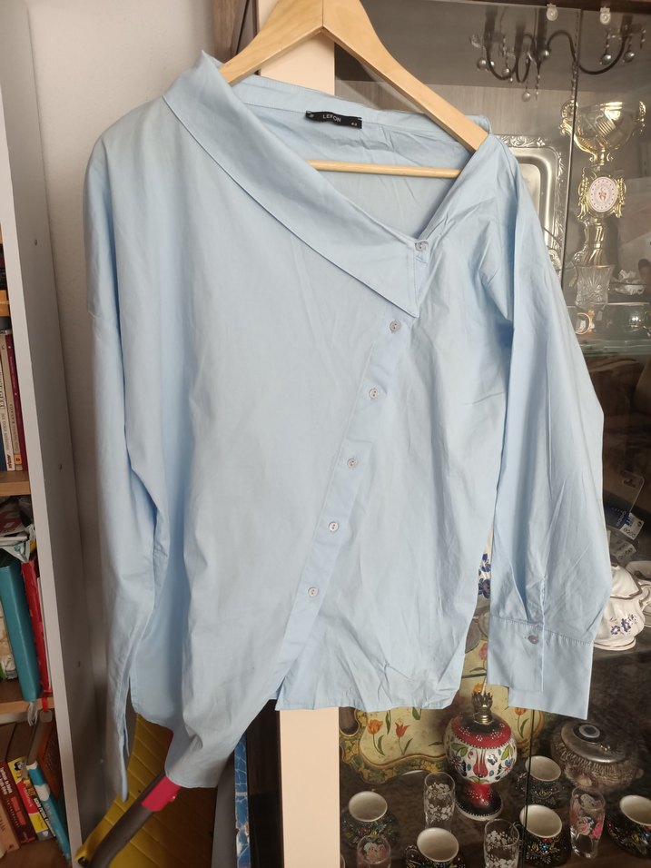 asimetrik yaka bebe mavi gömlek - Görsel 2