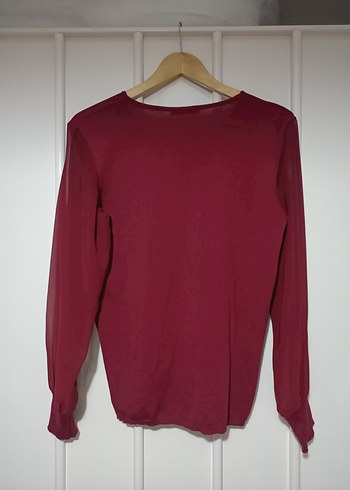 Bordo V Yaka Uzun Kollu Kadın Bluz tül detaylı - Görsel 3