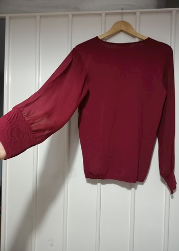 Bordo V Yaka Uzun Kollu Kadın Bluz tül detaylı - Görsel 4