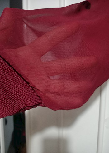 Bordo V Yaka Uzun Kollu Kadın Bluz tül detaylı - Görsel 9