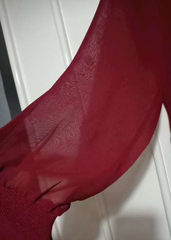 Bordo V Yaka Uzun Kollu Kadın Bluz tül detaylı - Görsel 8