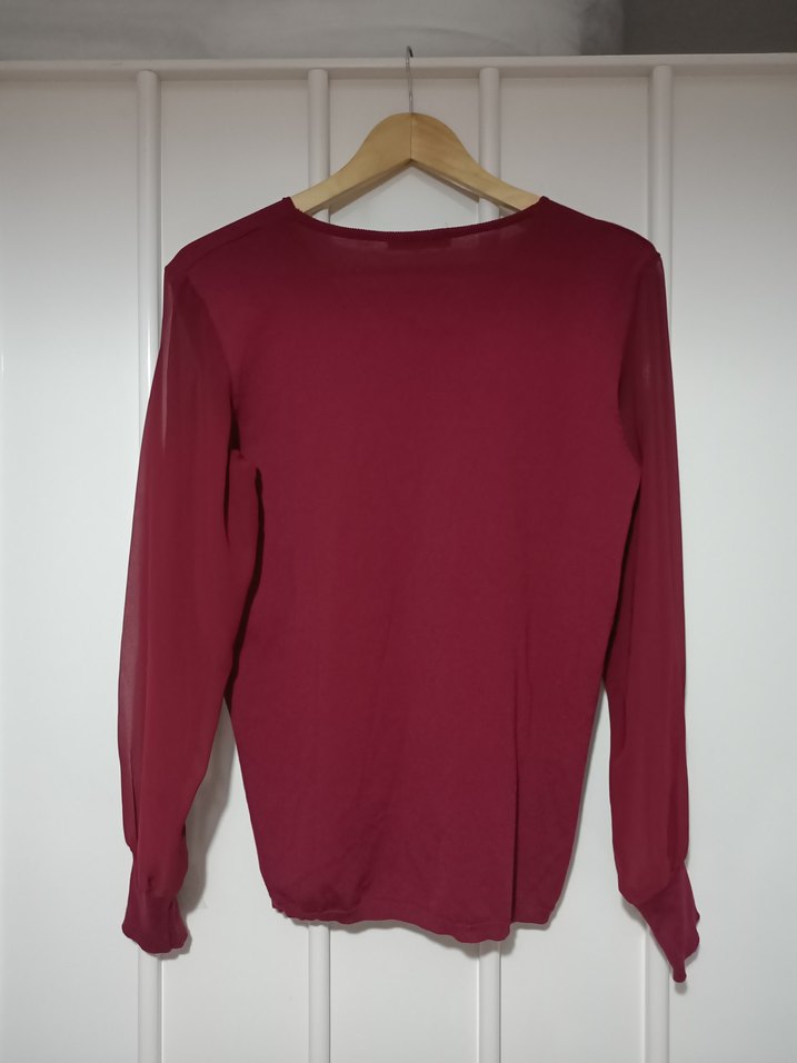 Bordo V Yaka Uzun Kollu Kadın Bluz tül detaylı - Görsel 3