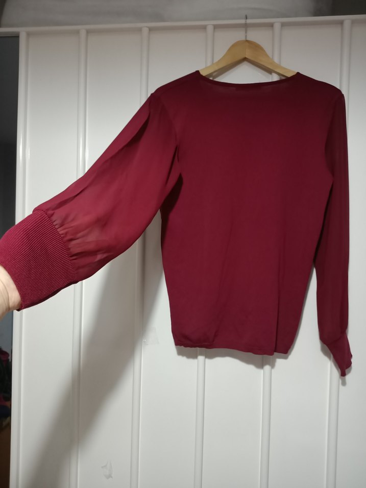 Bordo V Yaka Uzun Kollu Kadın Bluz tül detaylı - Görsel 4