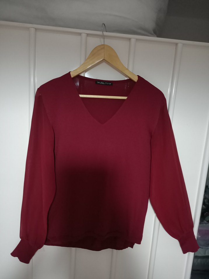 Bordo V Yaka Uzun Kollu Kadın Bluz tül detaylı - Görsel 2