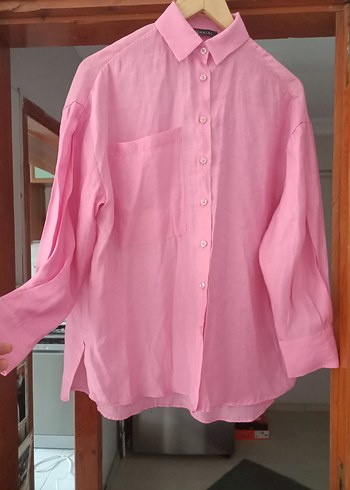 Pembe Kadın Keten Gömlek Uzun Kollu - Görsel 5