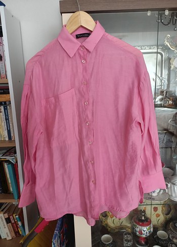 Pembe Kadın Keten Gömlek Uzun Kollu - Görsel 9
