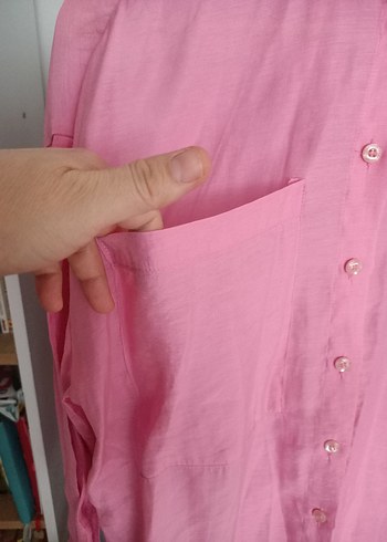 Pembe Kadın Keten Gömlek Uzun Kollu - Görsel 8