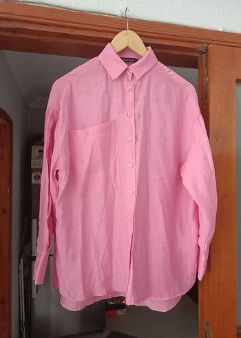 Pembe Kadın Keten Gömlek Uzun Kollu - Görsel 6