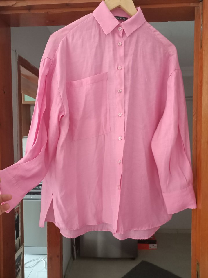 Pembe Kadın Keten Gömlek Uzun Kollu - Görsel 5