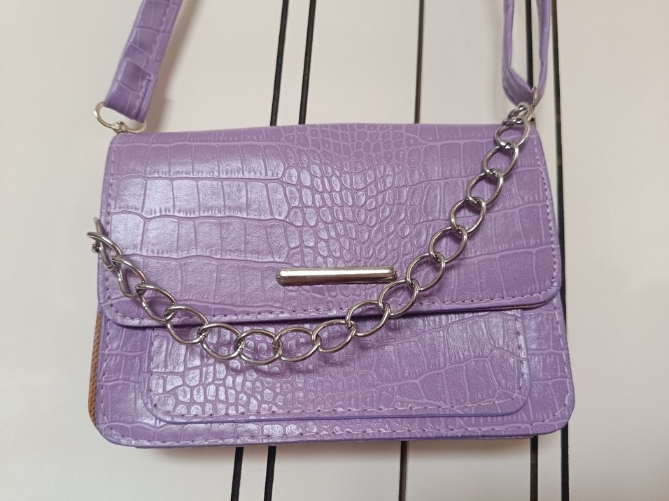 Mor Deri Yılan Desenli Minimalist Çanta - Görsel 4