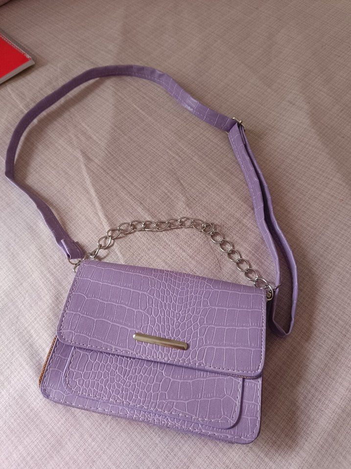 Mor Deri Yılan Desenli Minimalist Çanta - Görsel 3