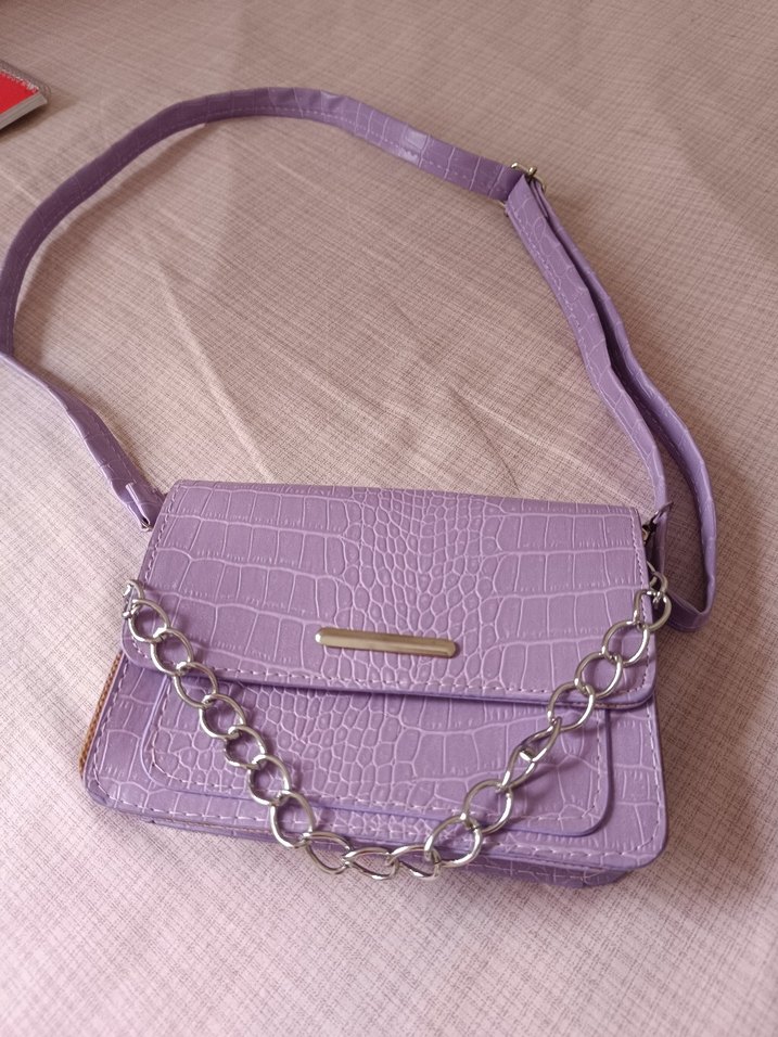 Mor Deri Yılan Desenli Minimalist Çanta - Görsel 2