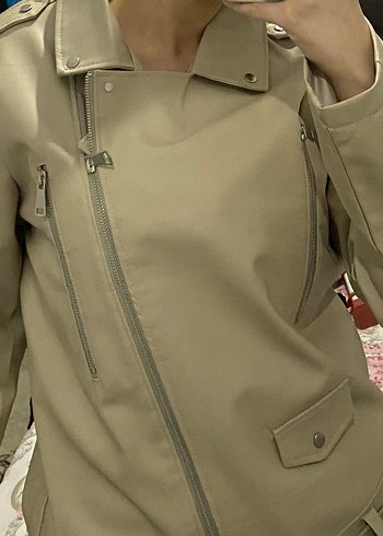 Bej Deri Kadın Ceket Midi Boy - Görsel 2