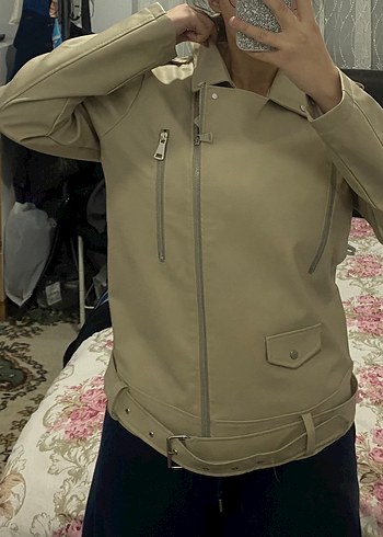 Bej Deri Kadın Ceket Midi Boy - Görsel 3