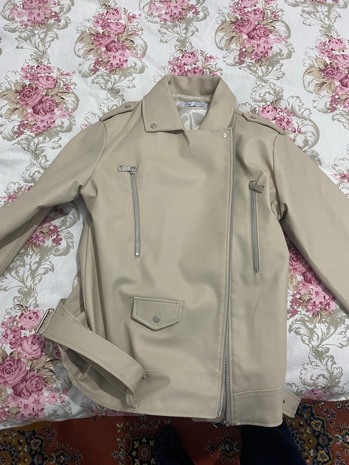 Bej Deri Kadın Ceket Midi Boy - Görsel 4