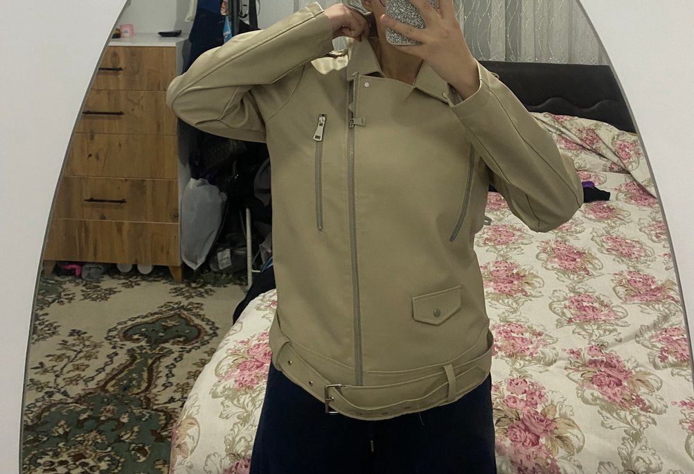 Bej Deri Kadın Ceket Midi Boy - Görsel 3