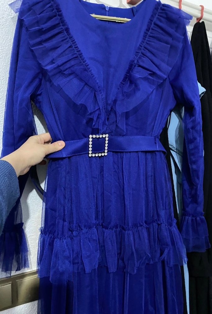 Uzun Lacivert Fırfırlı Kadın Elbise - Görsel 2