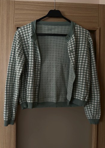 Su yeşili Ekose Desenli Kadın Düğmeli Hırka - Görsel 2