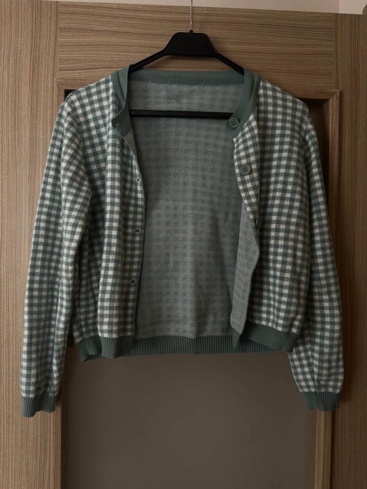 Su yeşili Ekose Desenli Kadın Düğmeli Hırka - Görsel 2